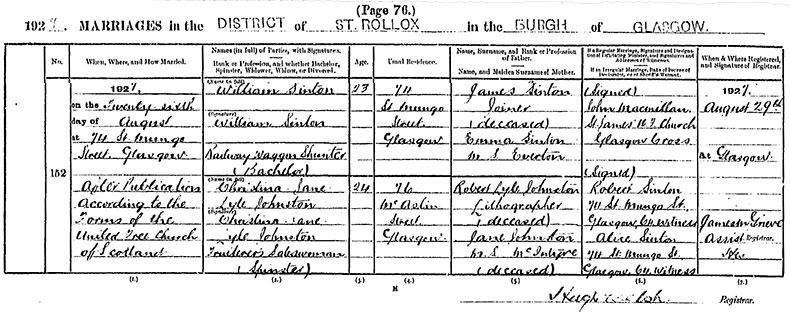 Marriage Certificate of William Sinton and Christina Jane Lyle Johnston - 	26 August 1927