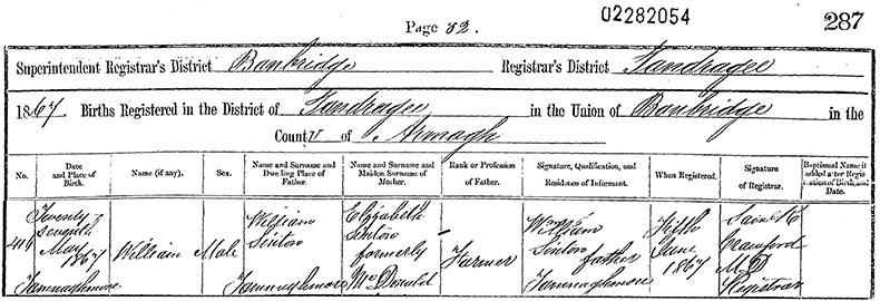 Birth Certificate of William Sinton - 27 May 1867
