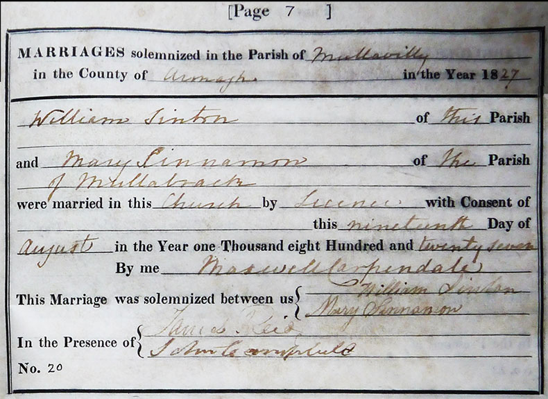 Marriage Certificate of William Sinton and Mary Sinnamon - 19 August 1827