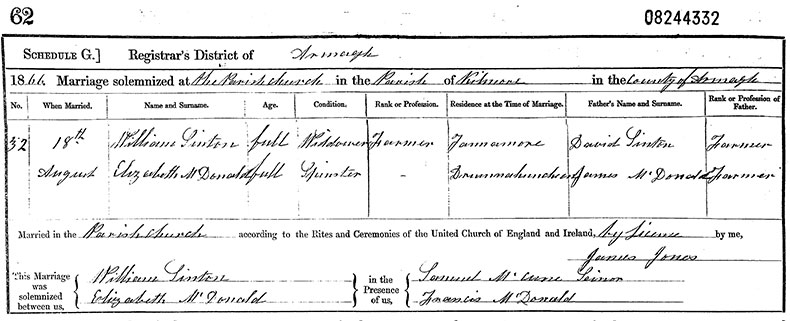 Marriage Certificate of William Sinton and Elizabeth McDonald - 18 August 1866