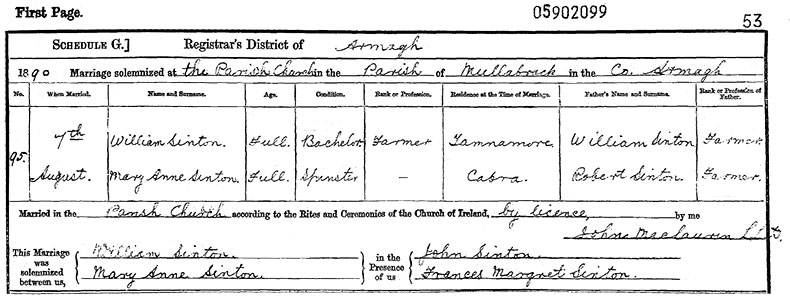 Marriage Certificate of William Sinton and Mary Anne Sinton - 7 August 1890
