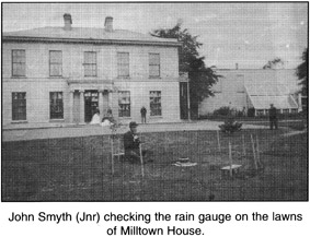 John Smyth checking the rain guage on the lawns of Milltown House